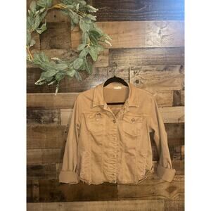 Tribal Jeans Tan Frayed Hem Button Down Denim Jacket Size Medium
